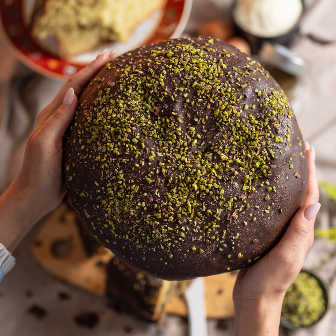 IL FONDENTE - Panettone artigianale al pistacchio di Bronte DOP e Cioccolato fondente + Crema al Pistacchio di Bronte DOP
