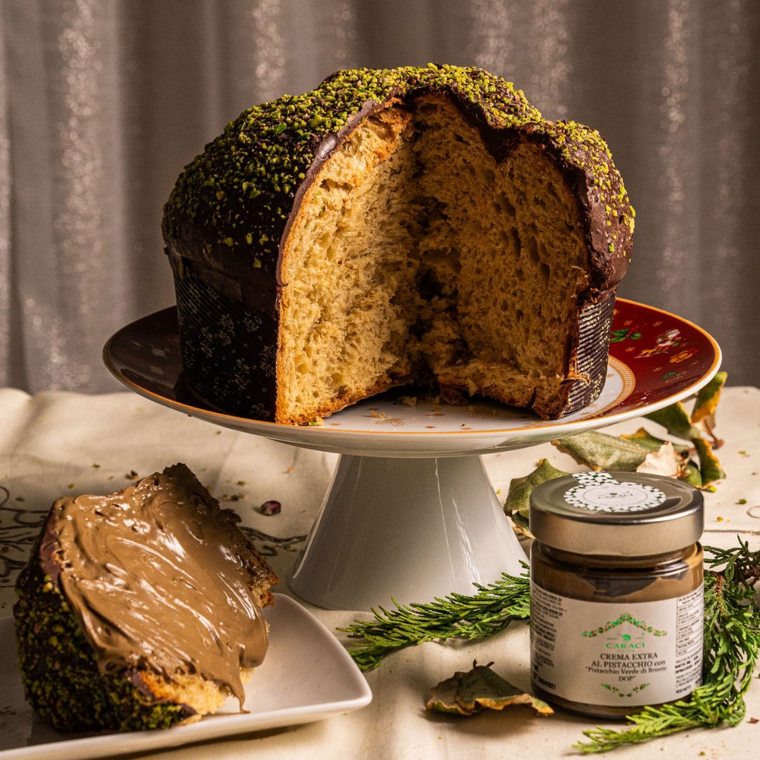 IL FONDENTE - Panettone artigianale al pistacchio di Bronte DOP e Cioccolato fondente + Crema al Pistacchio di Bronte DOP