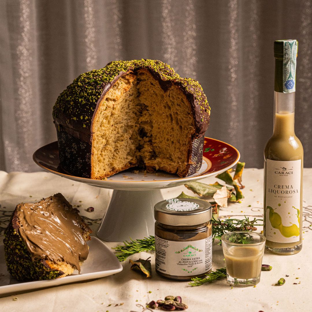 KIT Panettone IL FONDENTE al pistacchio DOP e cioccolato fondente + crema al pistacchio DOP + liquore al pistacchio
